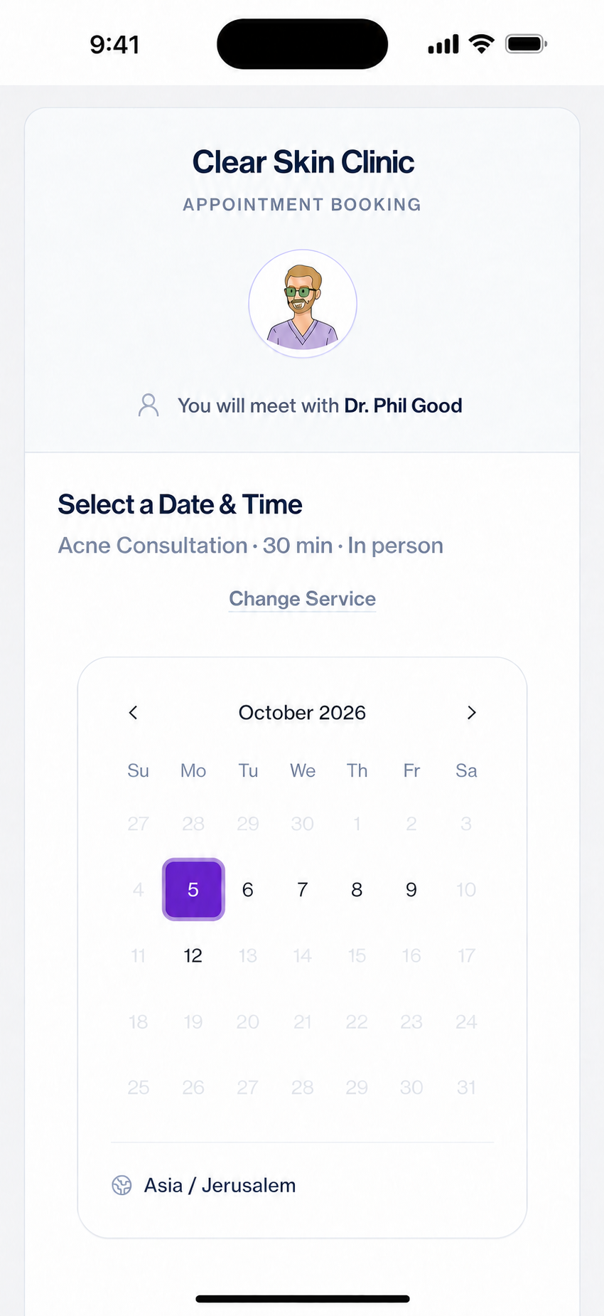 Clear Skin Clinic iPhone appointment booking screen with Dr. Phil Good and an acne consultation
